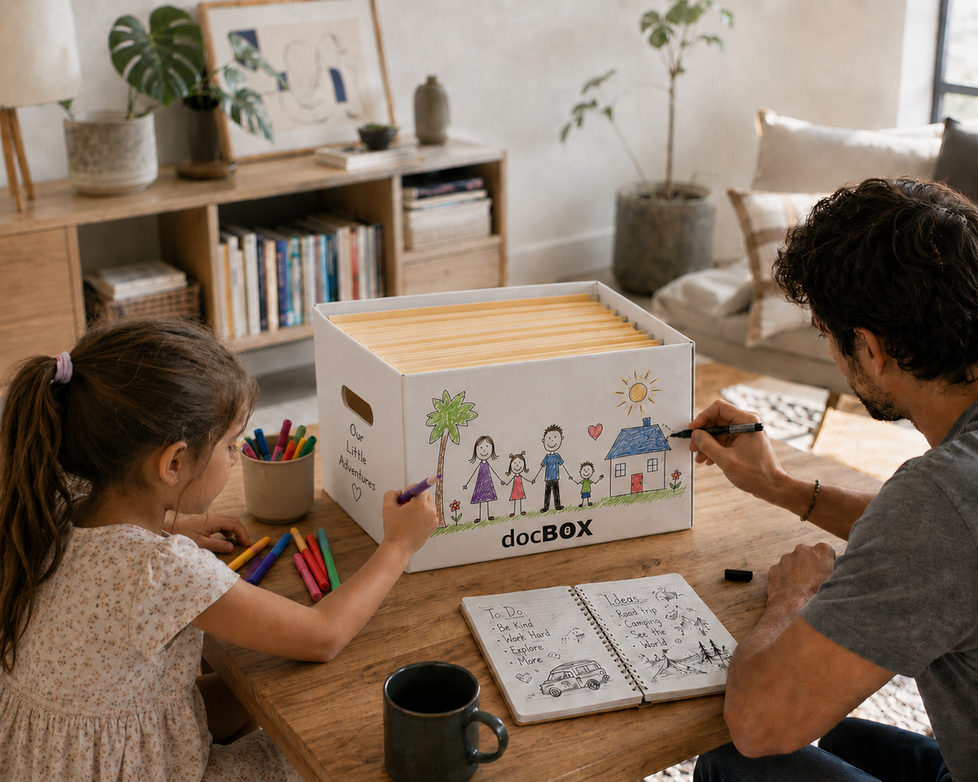 Father and daughter personalizing a docBOX with a hand-drawn family scene